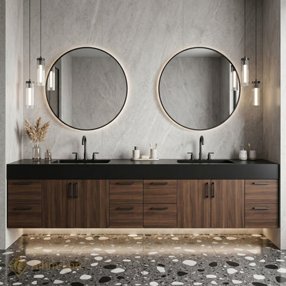 76''-96'' Double Bathroom Vanity with Sink Dark Walnut Grain Tall Drawers Storage
