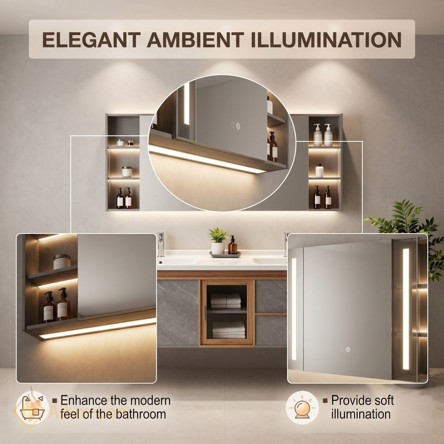 60''-96'' Double Bathroom Vanity with Sink Grey Marble Patterned Natural Wood Grains Cabinet