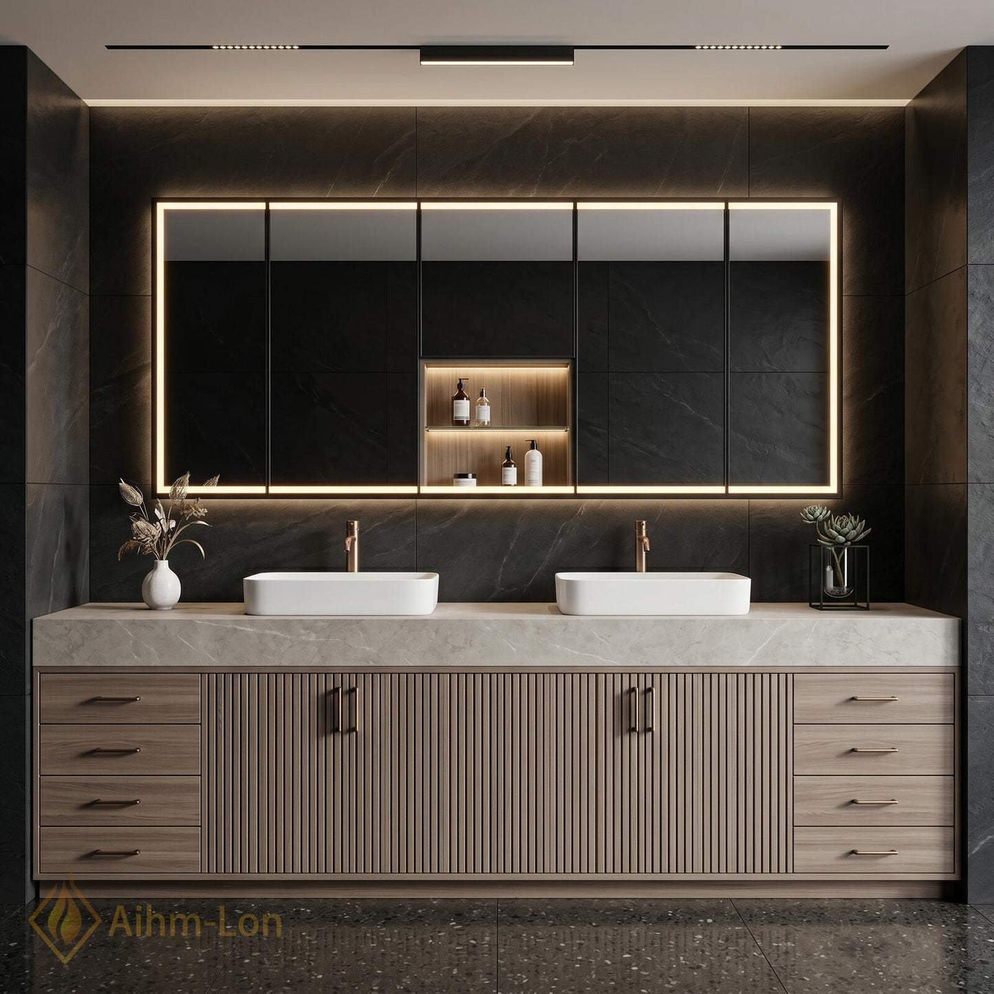72''-96'' Double Bathroom Vanity with Sink Light-Wood Modern Slatted Doors Storage