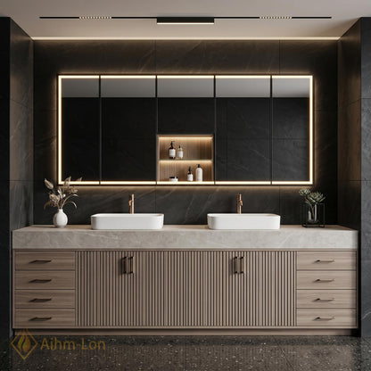 72''-96'' Double Bathroom Vanity with Sink Light-Wood Modern Slatted Doors Storage