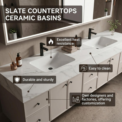 70''-96'' Modern Bathroom Vanity with Sink Double Sink Soft Grey Large Mirror Cabinet
