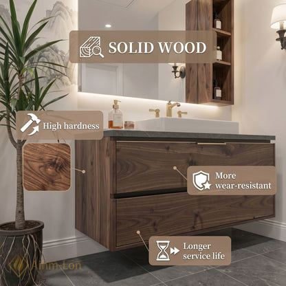 36''-64'' Modern Bathroom Vanity with Sink Floating Dark Wood Grain Smart Mirror