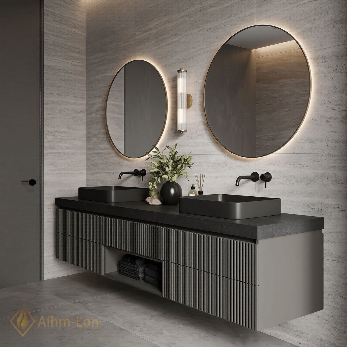 60''-96'' Double Bathroom Vanity with Sink Charcoal Matte Finish Fluted Panels