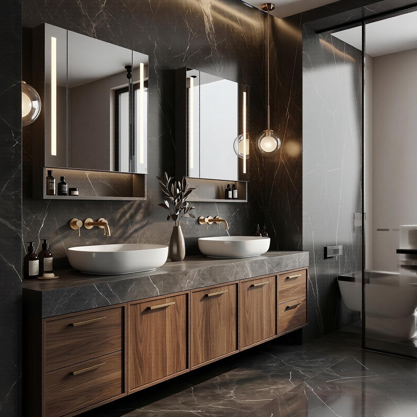 70''-96'' Modern Bathroom Vanity with Sink Double Sink Dark Marble Walnut Finish Mirror Cabinet