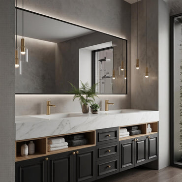 60''-96'' Double Bathroom Vanity with Sink Modern Floating Black Finish Open Wood Shelving
