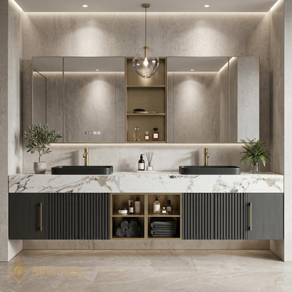 70''-96'' Double Bathroom Vanity with Sink Modern Floating Dark Grey Fluted Panels