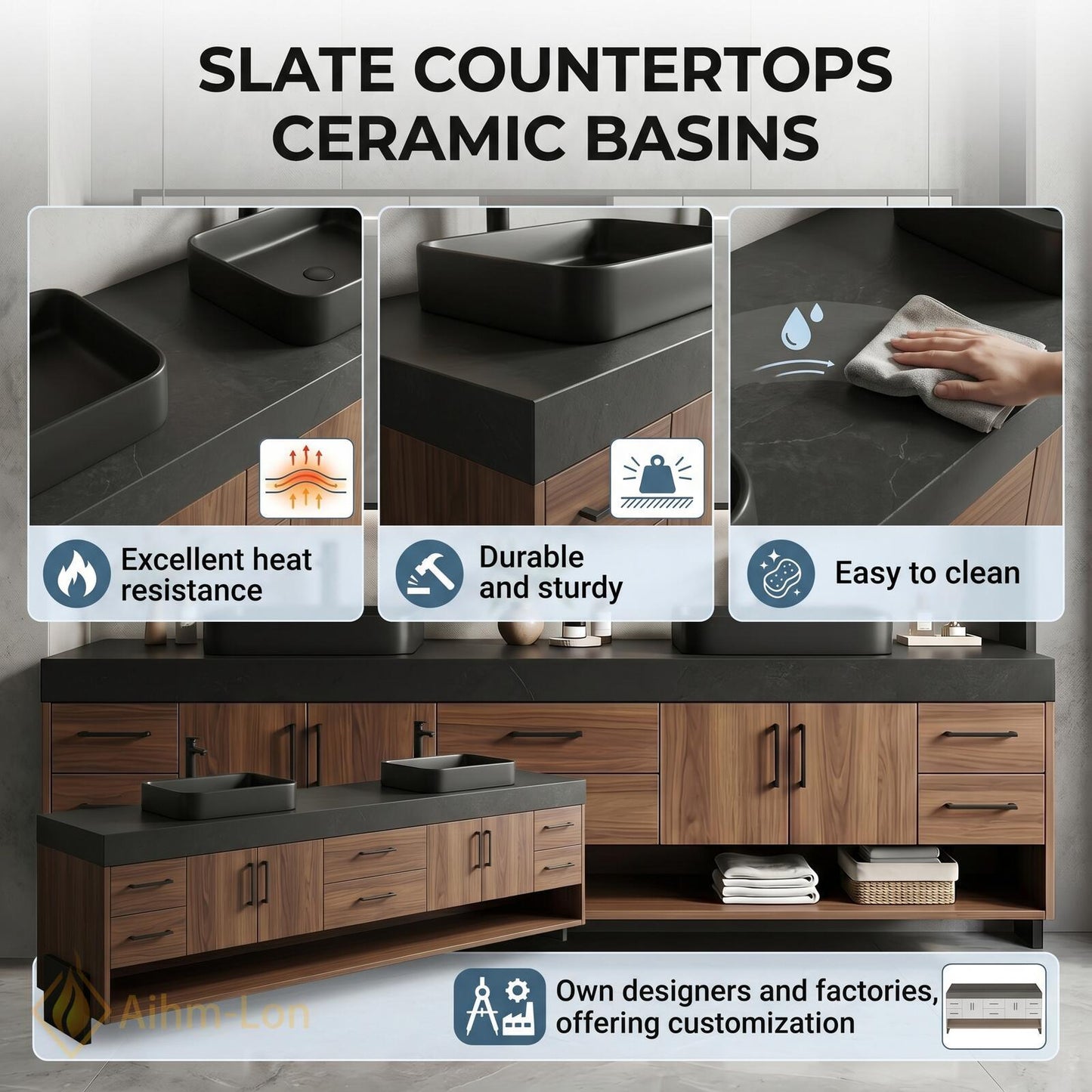 72''-96'' Double Bathroom Vanity with Sink Dark-Walnut Modern Slatted-Panel Finish