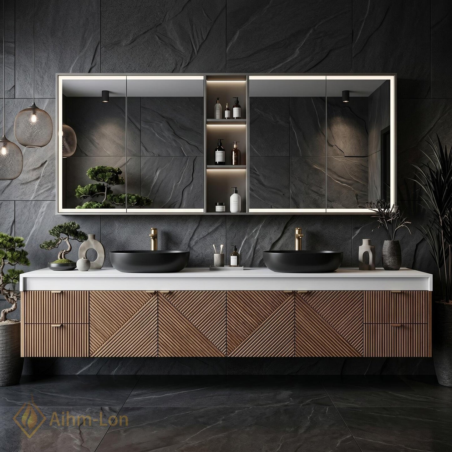 76''-96'' Floating Bathroom Vanity with Sink Geometric Slatted Wood Warm Grain Texture