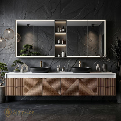 76''-96'' Floating Bathroom Vanity with Sink Geometric Slatted Wood Warm Grain Texture