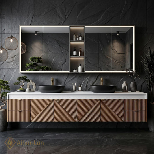 76''-96'' Floating Bathroom Vanity with Sink Geometric Slatted Wood Warm Grain Texture