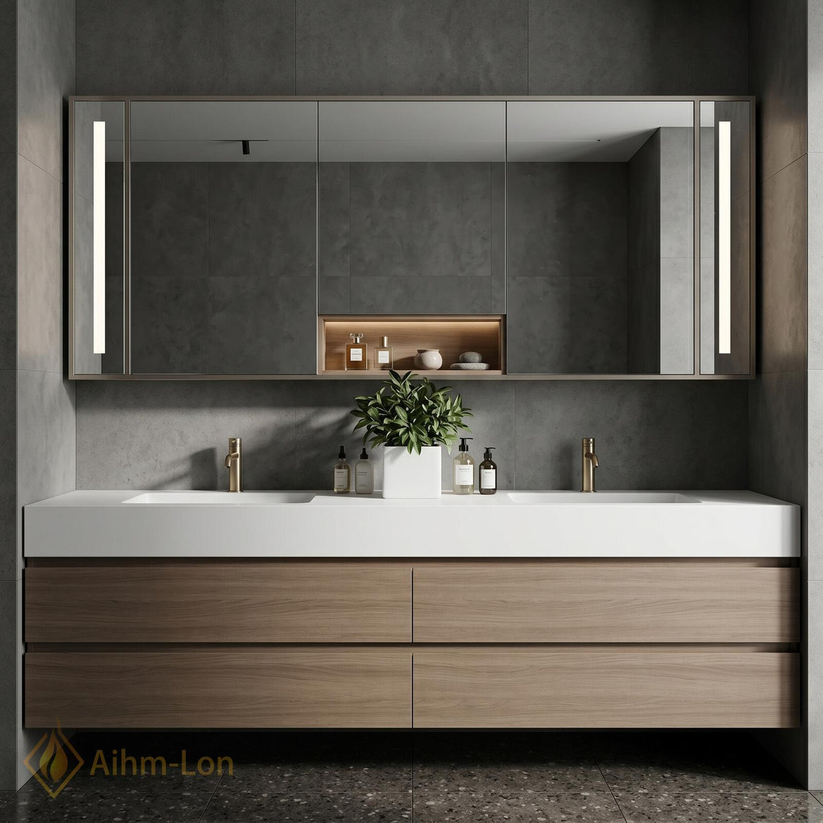 60''-96'' Modern Bathroom Vanity with Sink Floating Wide Mirror Wood Grained Drawers