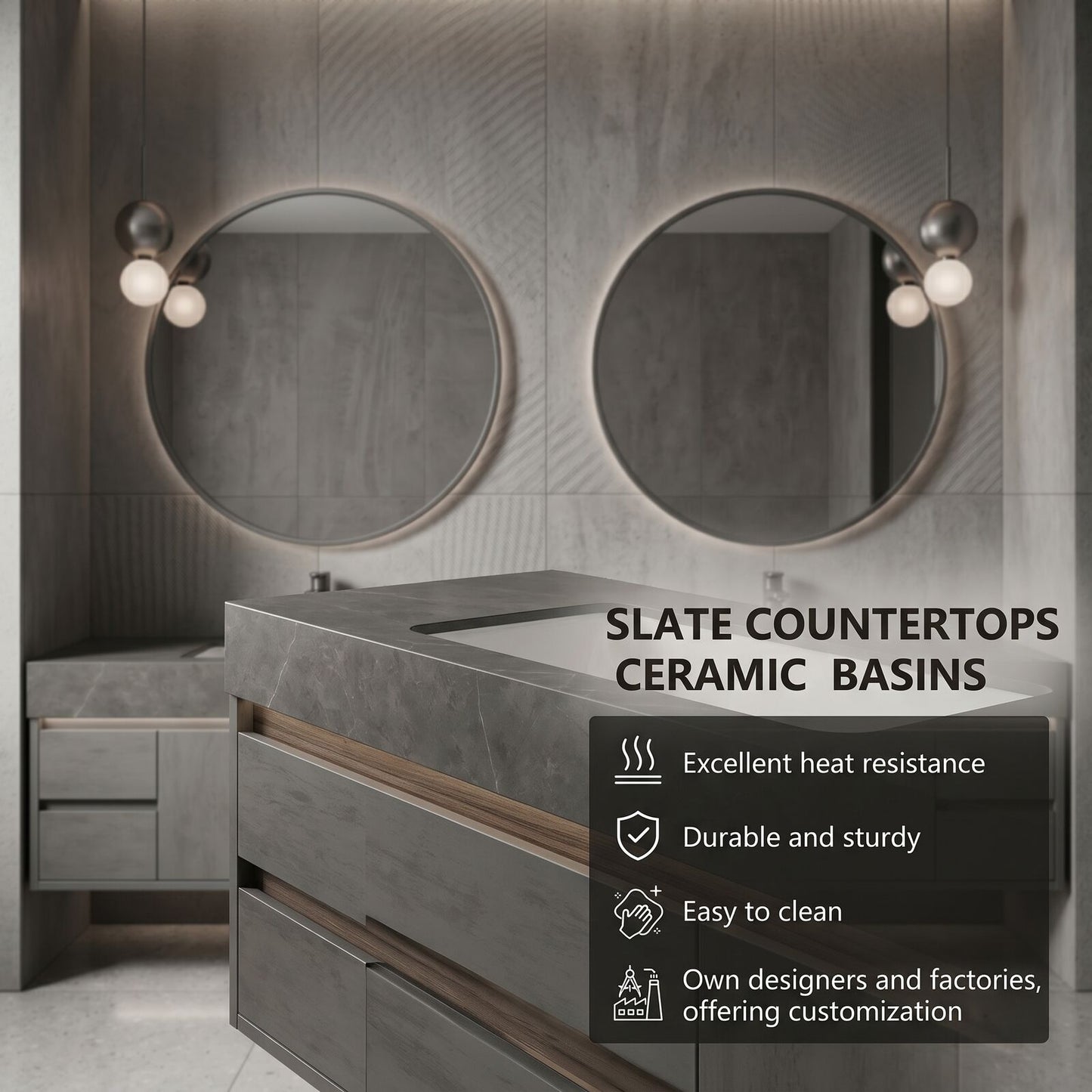 70''-96'' Modern Bathroom Vanity with Sink Dark Stone Grain Floating Storage Drawers