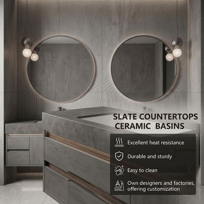 70''-96'' Modern Bathroom Vanity with Sink Dark Stone Grain Floating Storage Drawers
