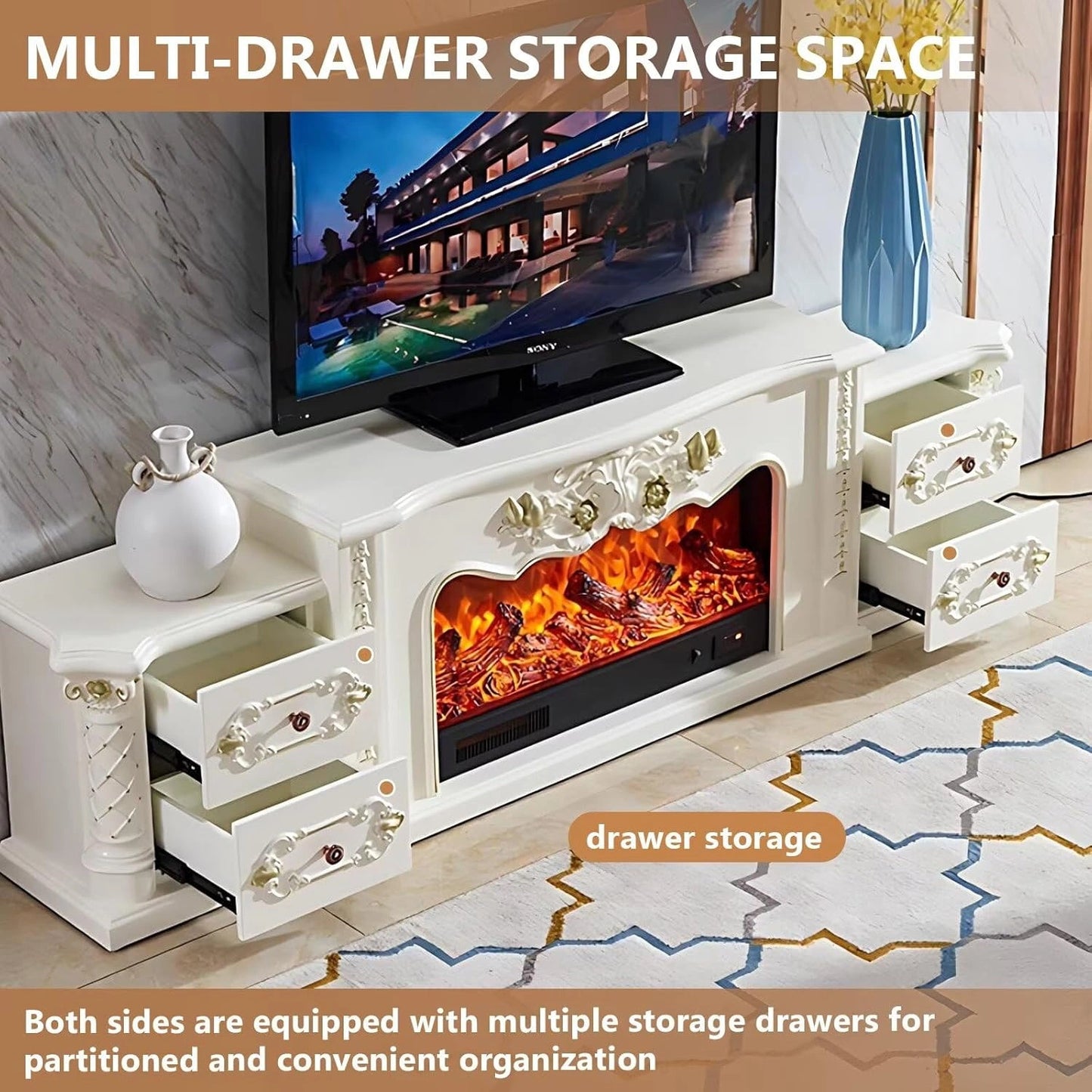 Aihm-Lon Luxury Electric Fireplace with Mantel Includes Vintage Carving 81”