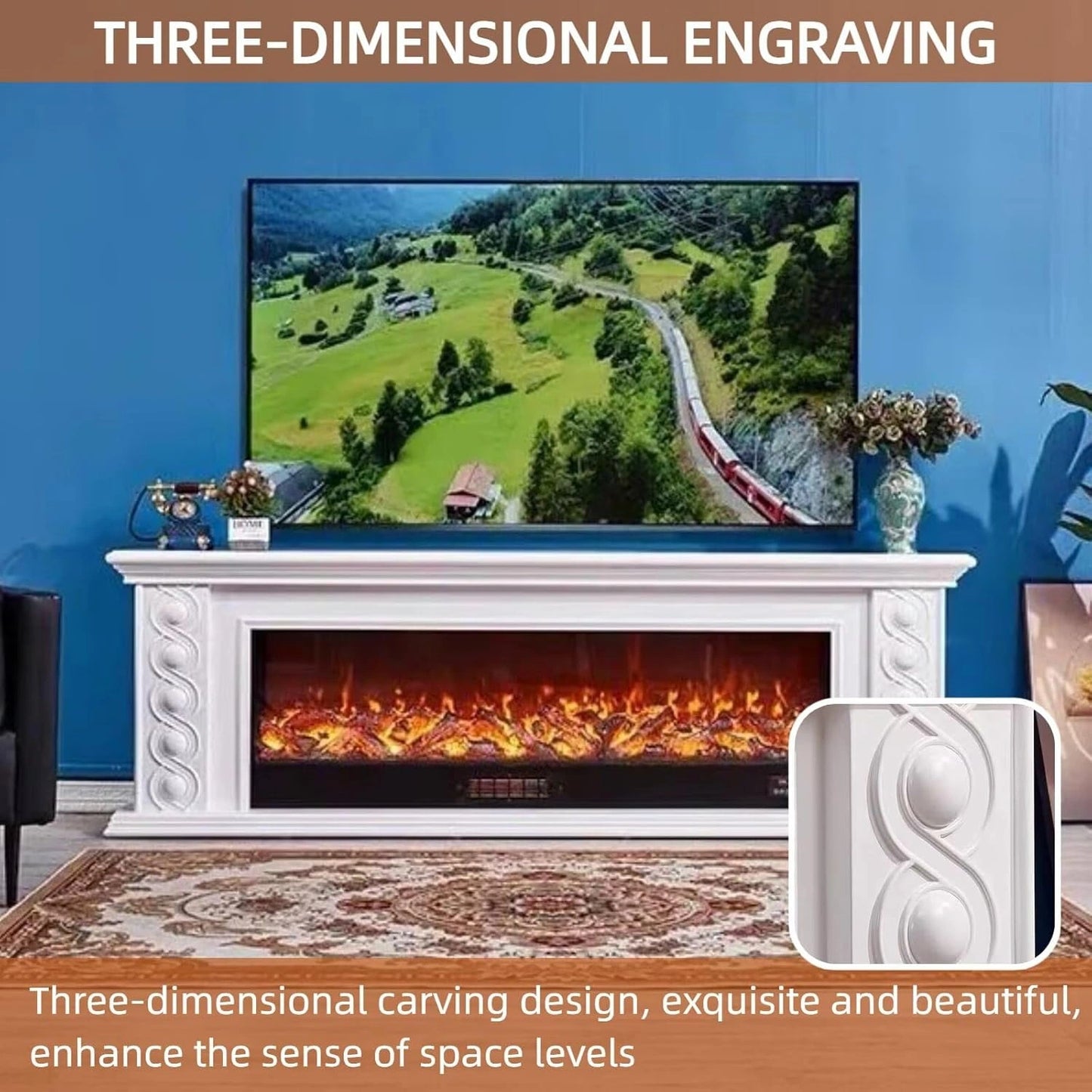 Aihm-Lon Luxury Electric Fireplace Includes Circular Carving with Decorative Flame 79”