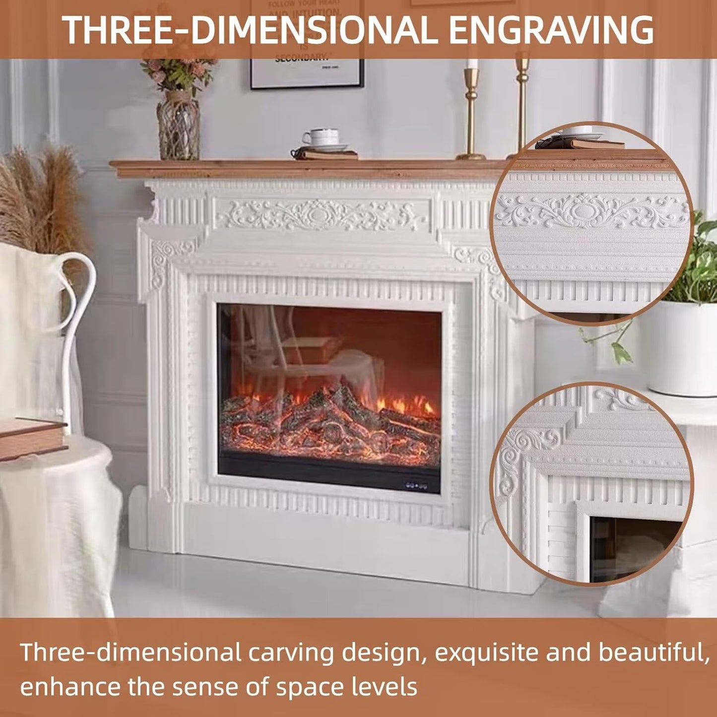 Aihm-Lon White Indoor Electric Fireplace with Retro Engraving 49”