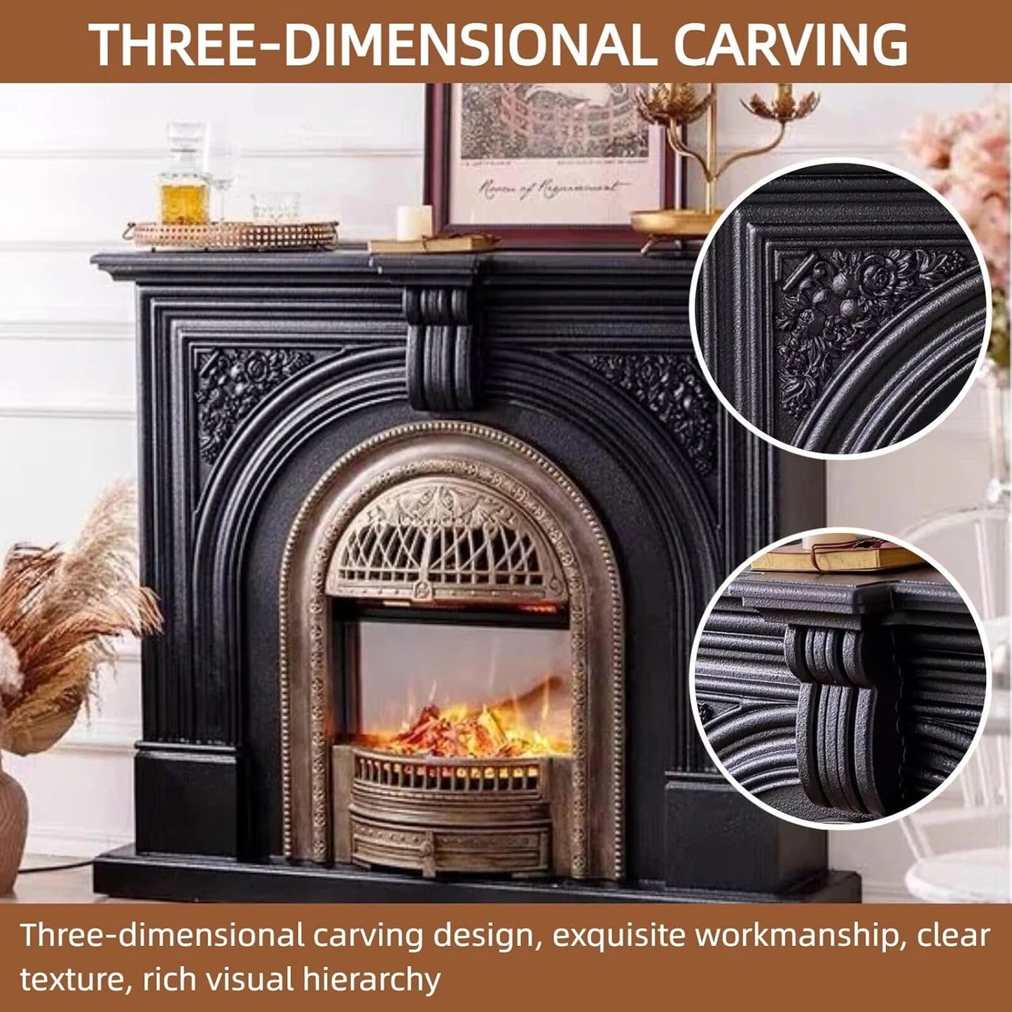Aihm-Lon Tall Electric Fireplace with Metal Birdcage Firebox and Vintage Carving 51”