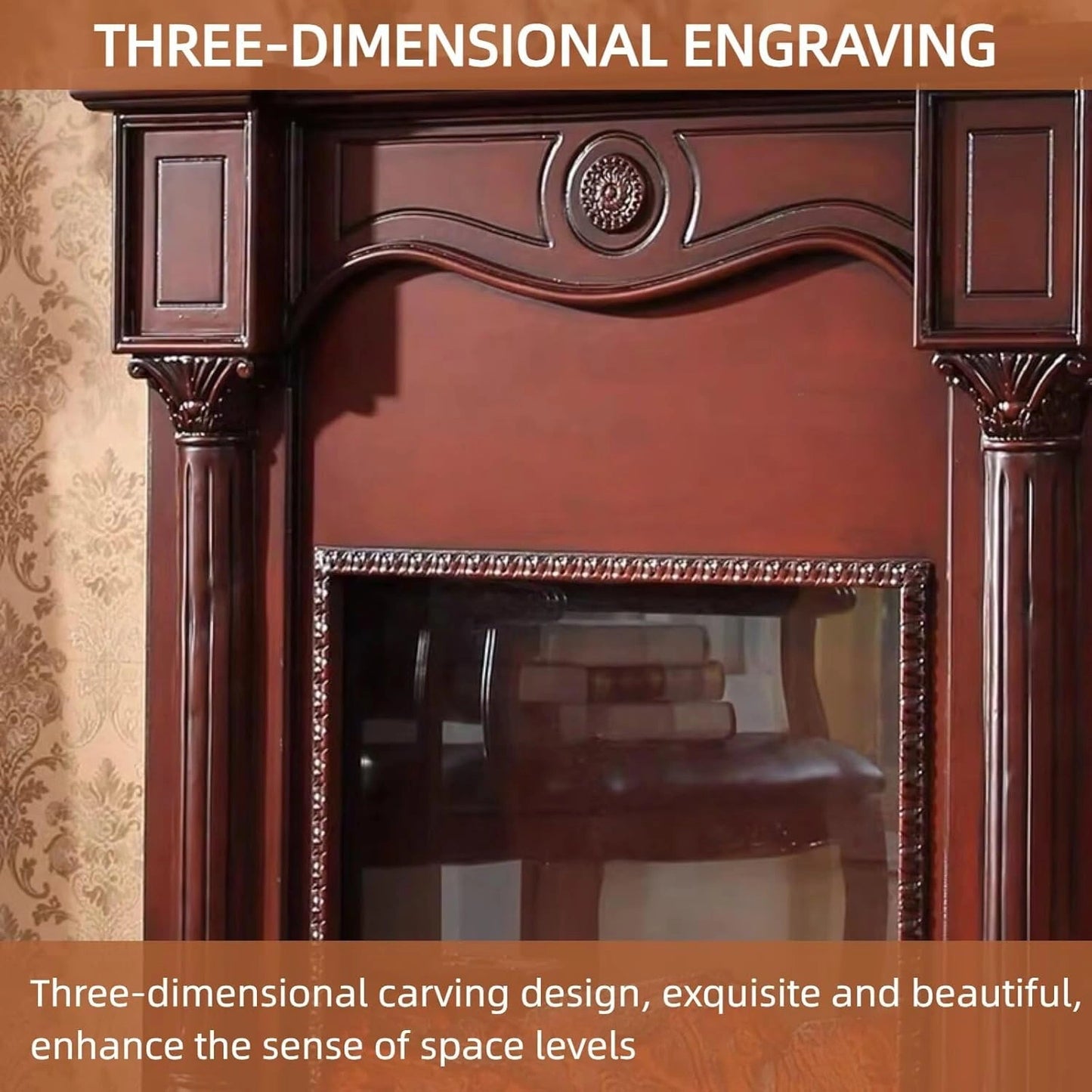 Aihm-Lon Brown Electric Fireplace with Faux Flame and 3D Engraving 43”