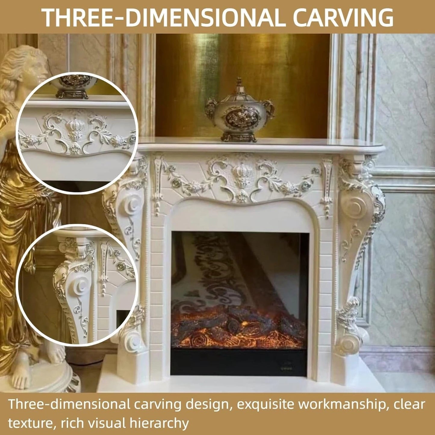 Aihm-Lon Faux Electric Fireplace Includes White European Three-Dimensional Carving 47”