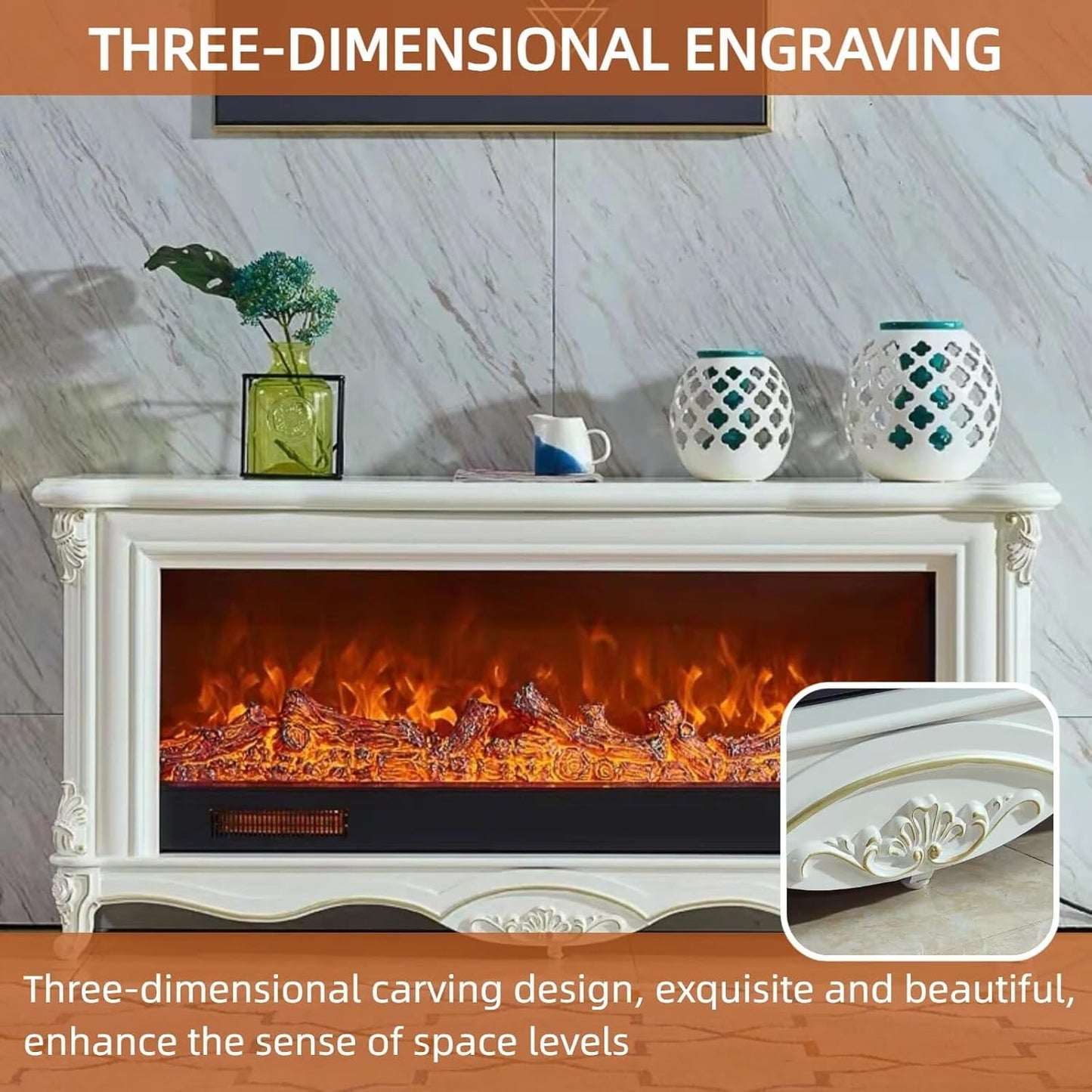 Aihm-Lon Electric Fireplace White Wavy Large TV Stand 59”