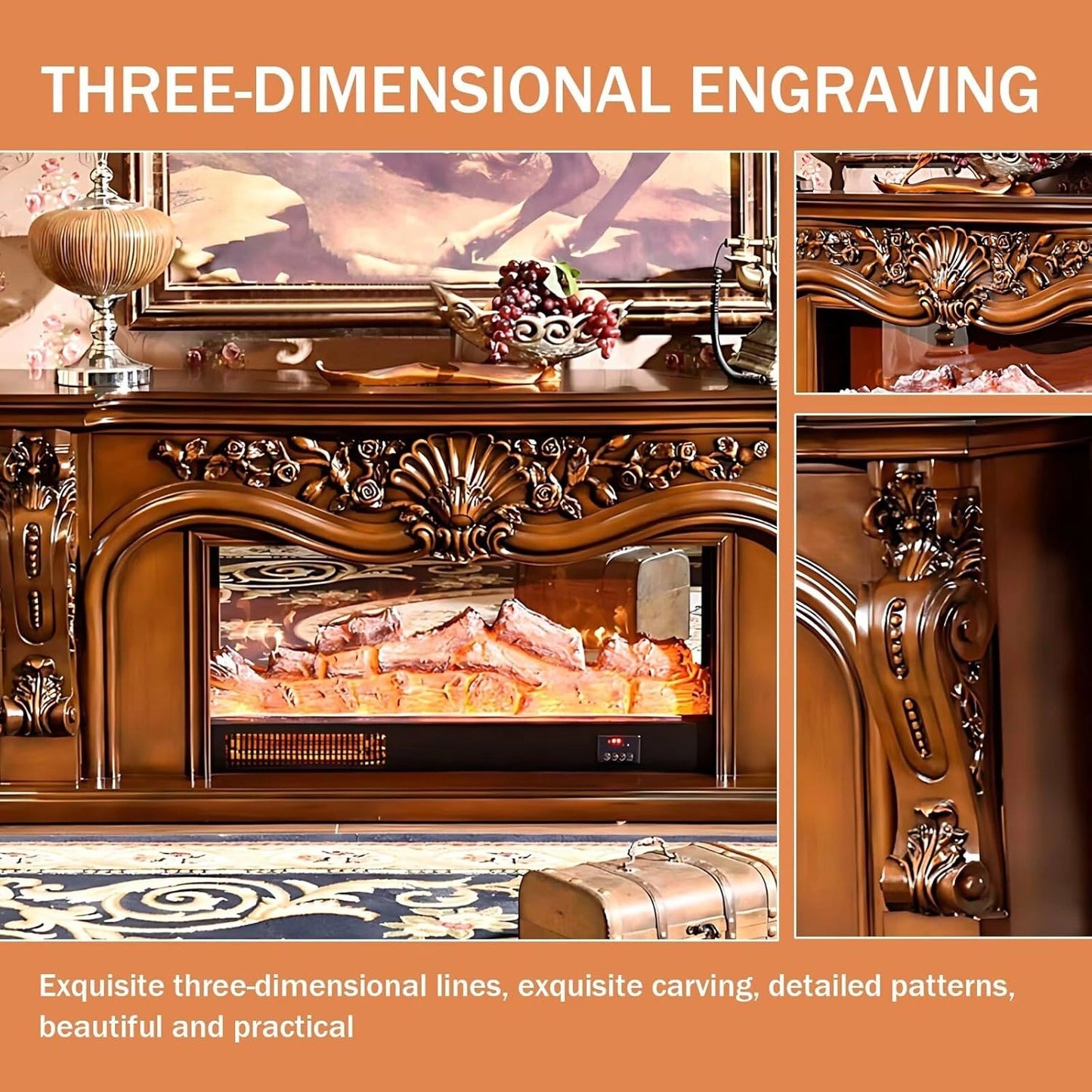 Aihm-Lon Luxurious Electric Fireplace Includes Brown Exquisite Carved Design 63”