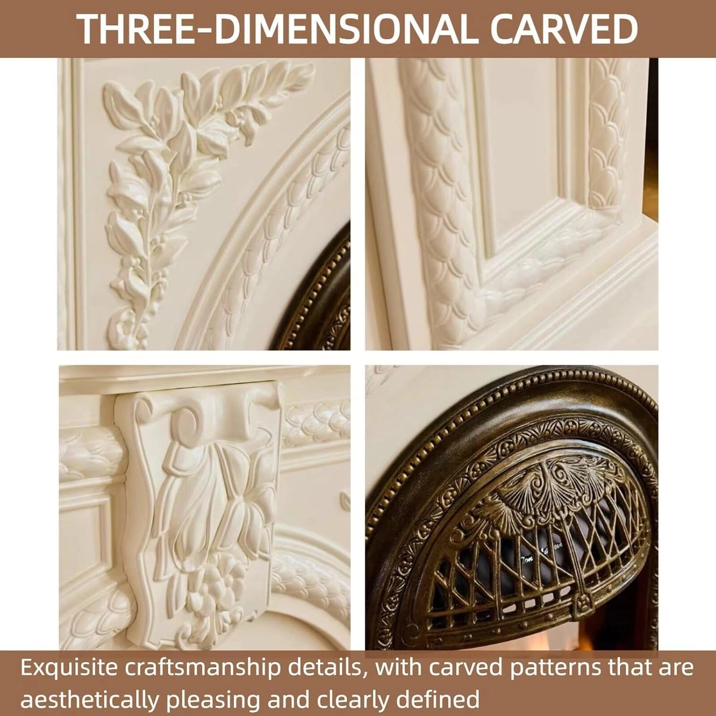 Aihm-Lon White Electric Fireplace Solid Wood Cabinet with Real Flame Insert 47”-59”