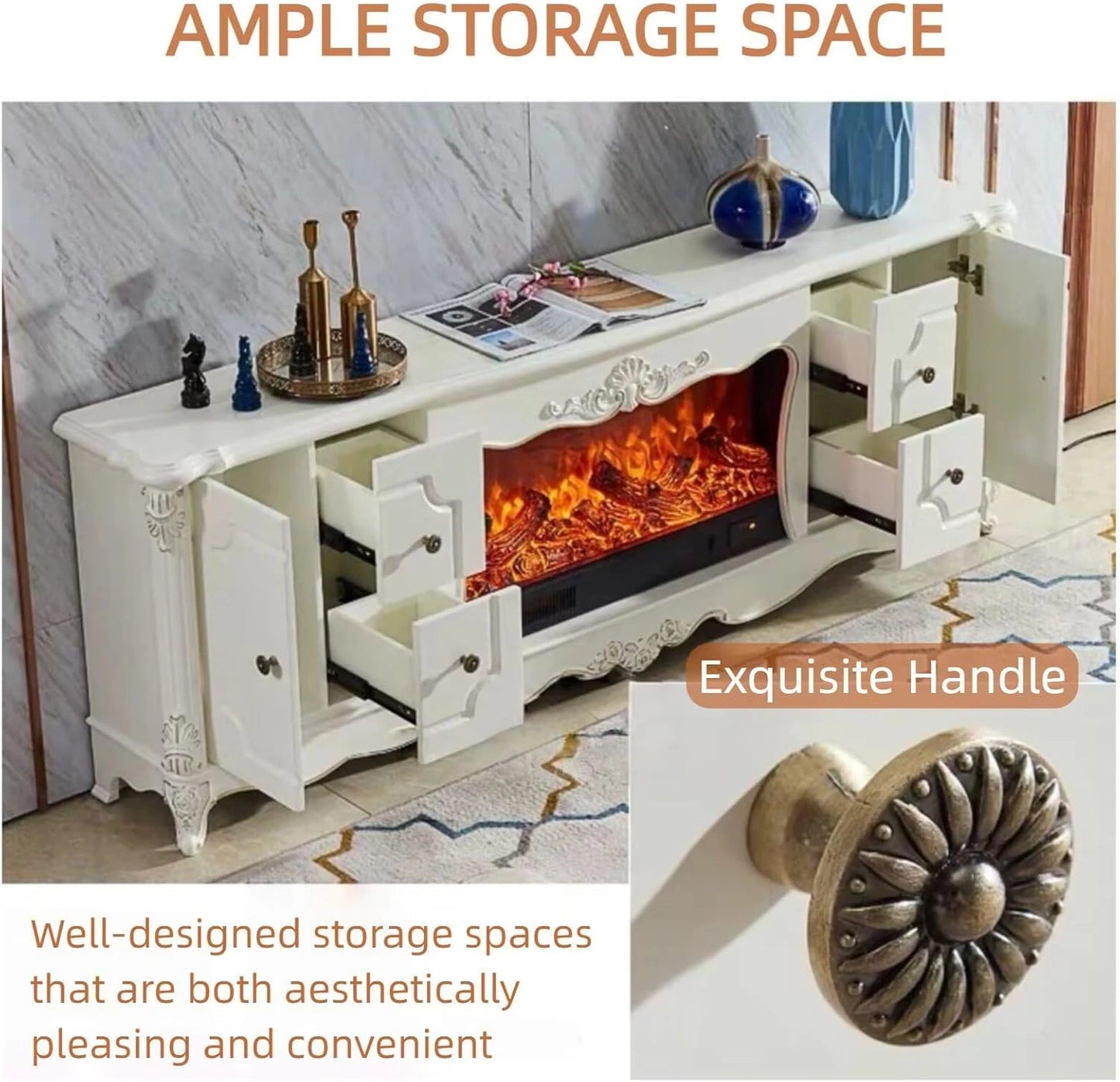 Aihm-Lon Electric Fireplace with Mantel and White Storage Cabinet 79”