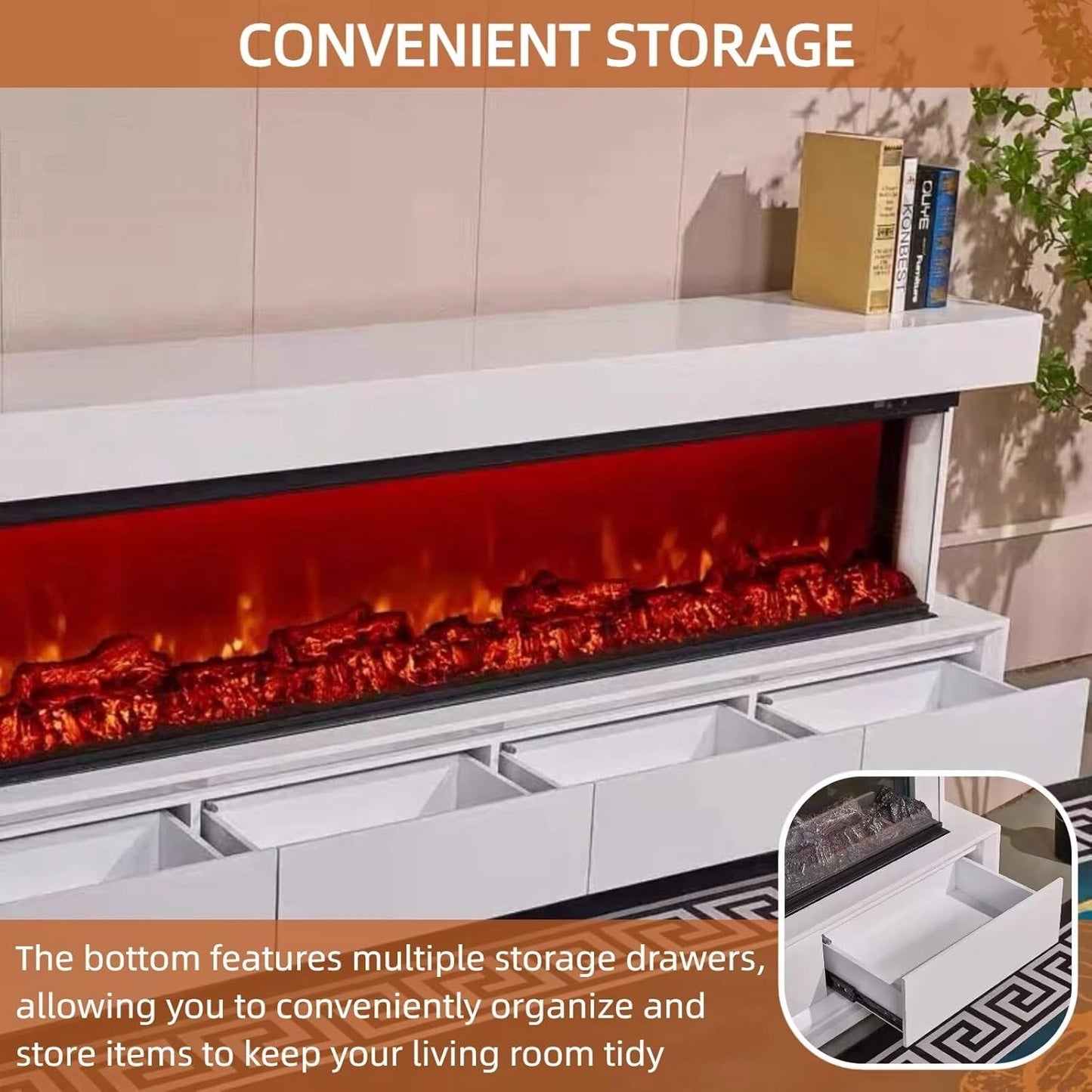 Aihm-Lon Simple Electric Fireplace with Three-Sided Faux Flame 79”