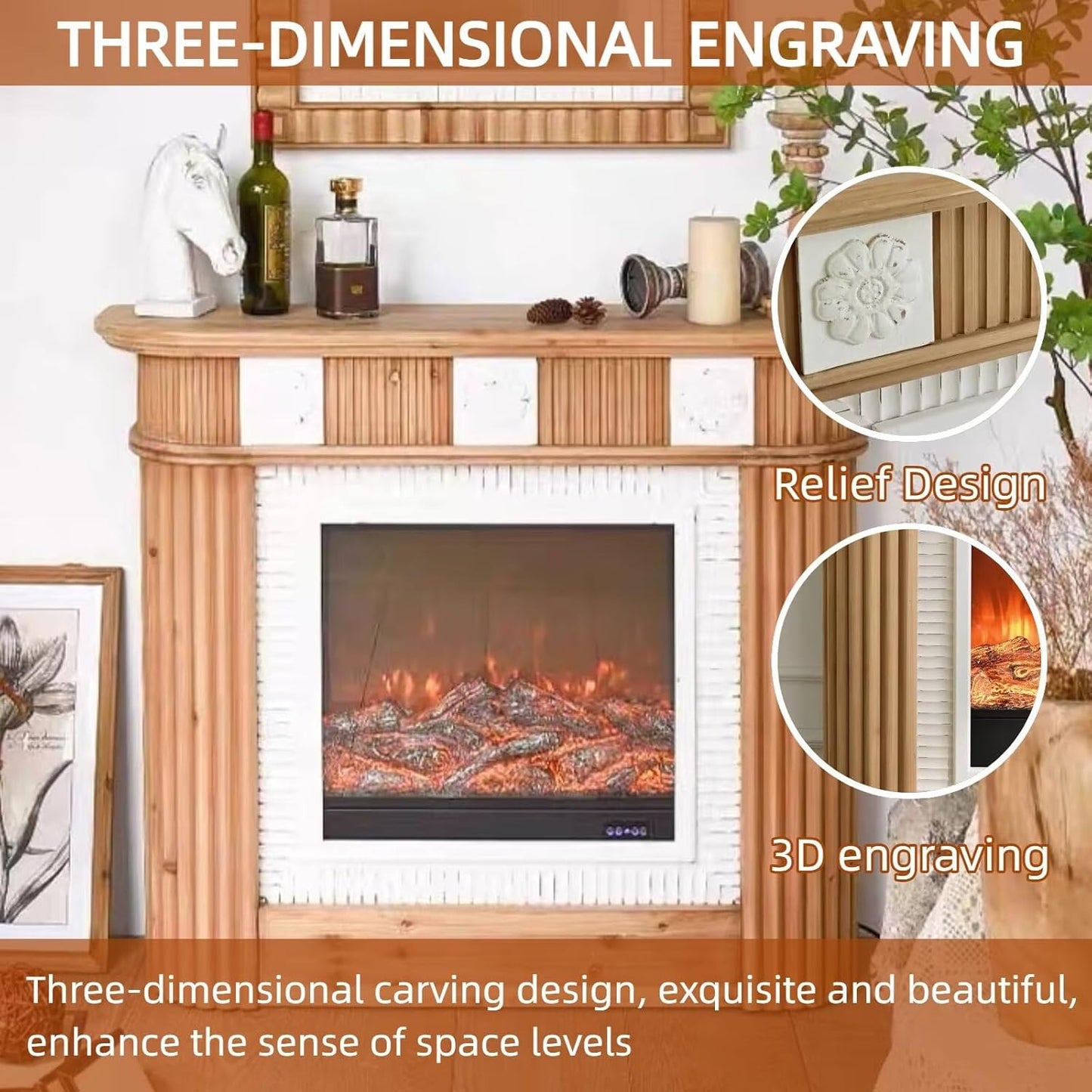 Aihm-Lon Brown Retro Electric Fireplace with Natural Texture 47”