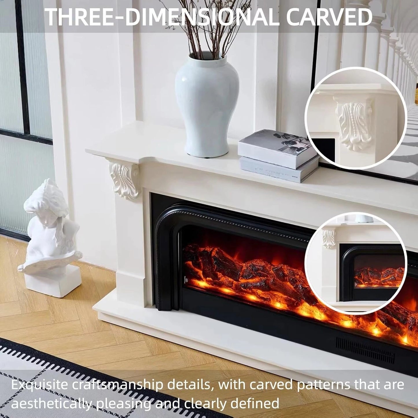 Aihm-Lon White Electric Fireplace Includes Arched Frames and Carvings 79”