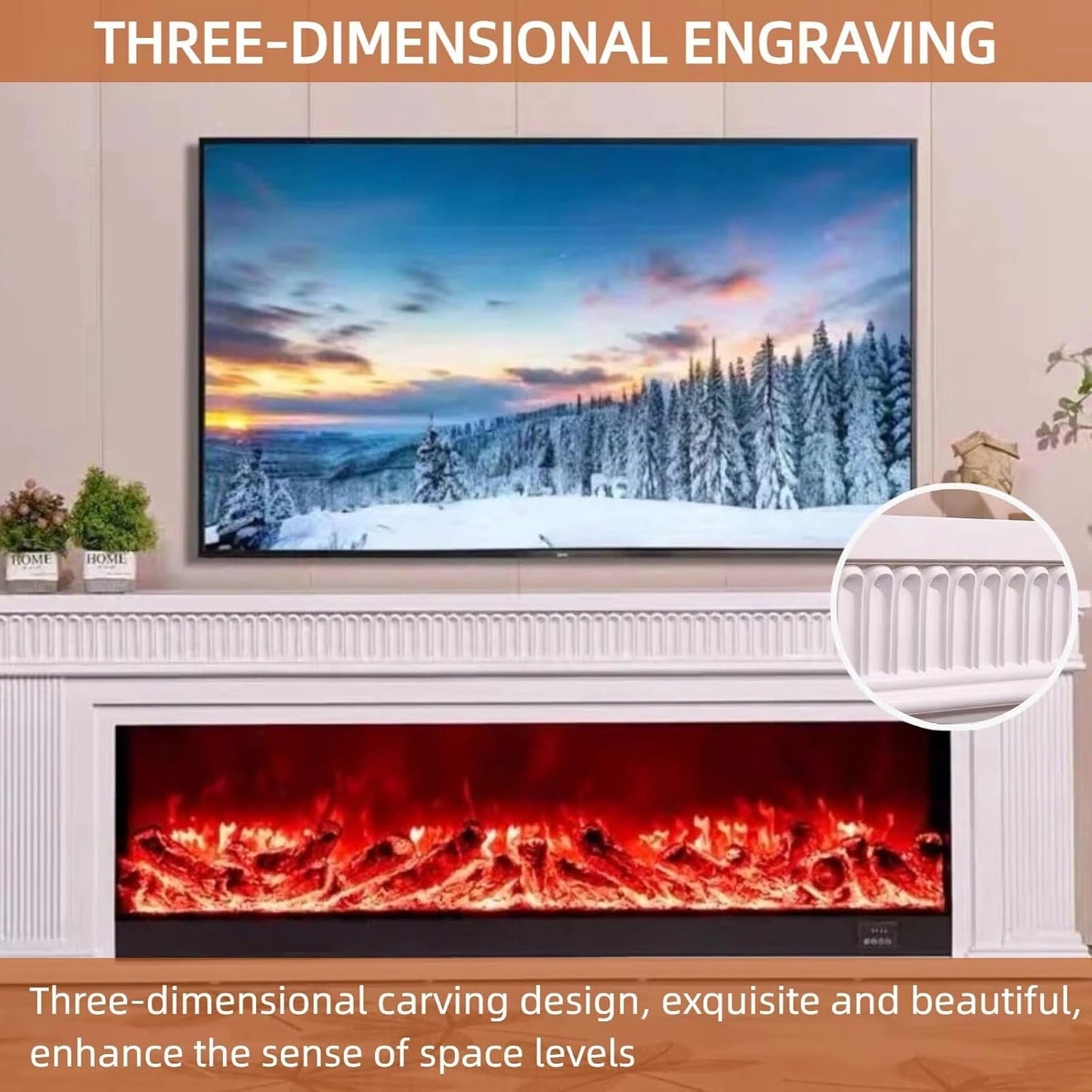 Aihm-Lon Decorative Electric Fireplace with White Concave-Convex Lines 79”