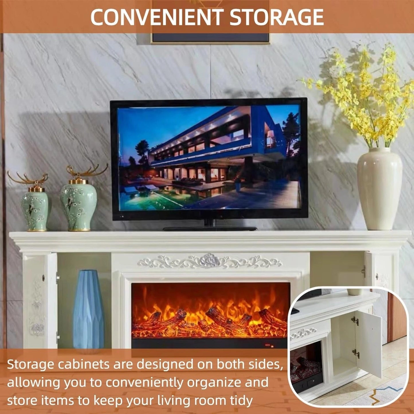 Aihm-Lon Freestanding Electric Fireplace with Classic Carving Faux Flame 79”