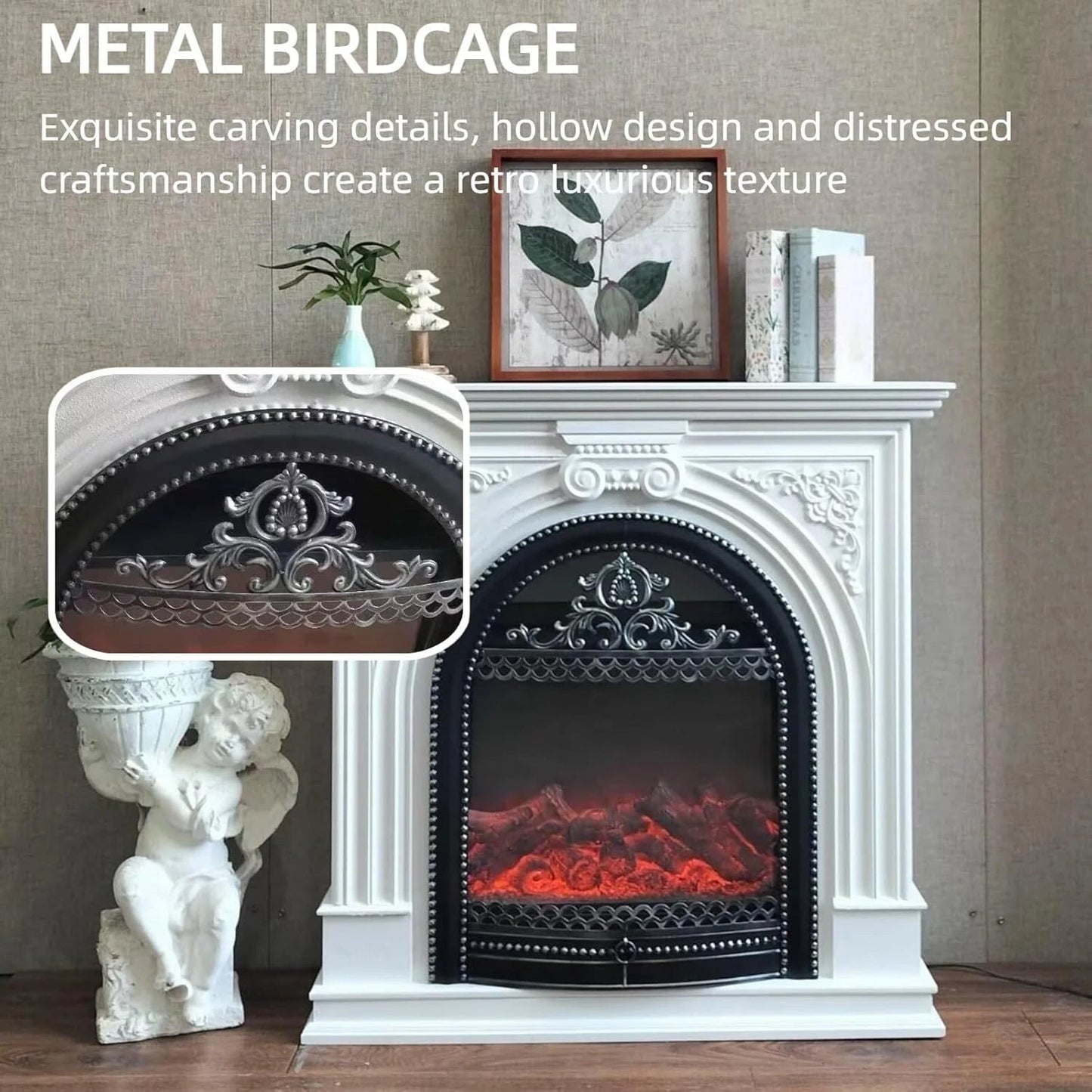 Aihm-Lon White Electric Fireplace with Vintage Hollow Birdcage 39”