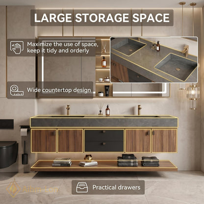 60''-96'' Double Bathroom Vanity with Sink Modern Floating Dark Stone Slatted Center