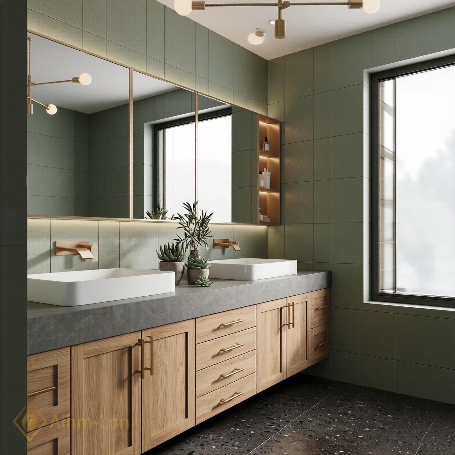 78''-96'' Double Bathroom Vanity with Sink Slatted Center Warm Oak Finish Cabinet