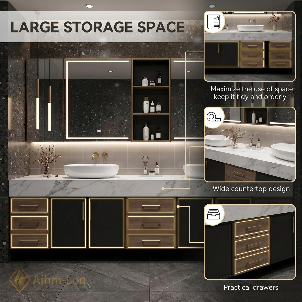 60''-96'' Double Bathroom Vanity with Sink Floating Marble Top Dark Wood Drawers