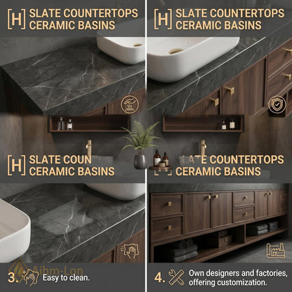 70''-96'' Bathroom Vanity with Sink Modern Floating Dark Walnut Open Center Shelving