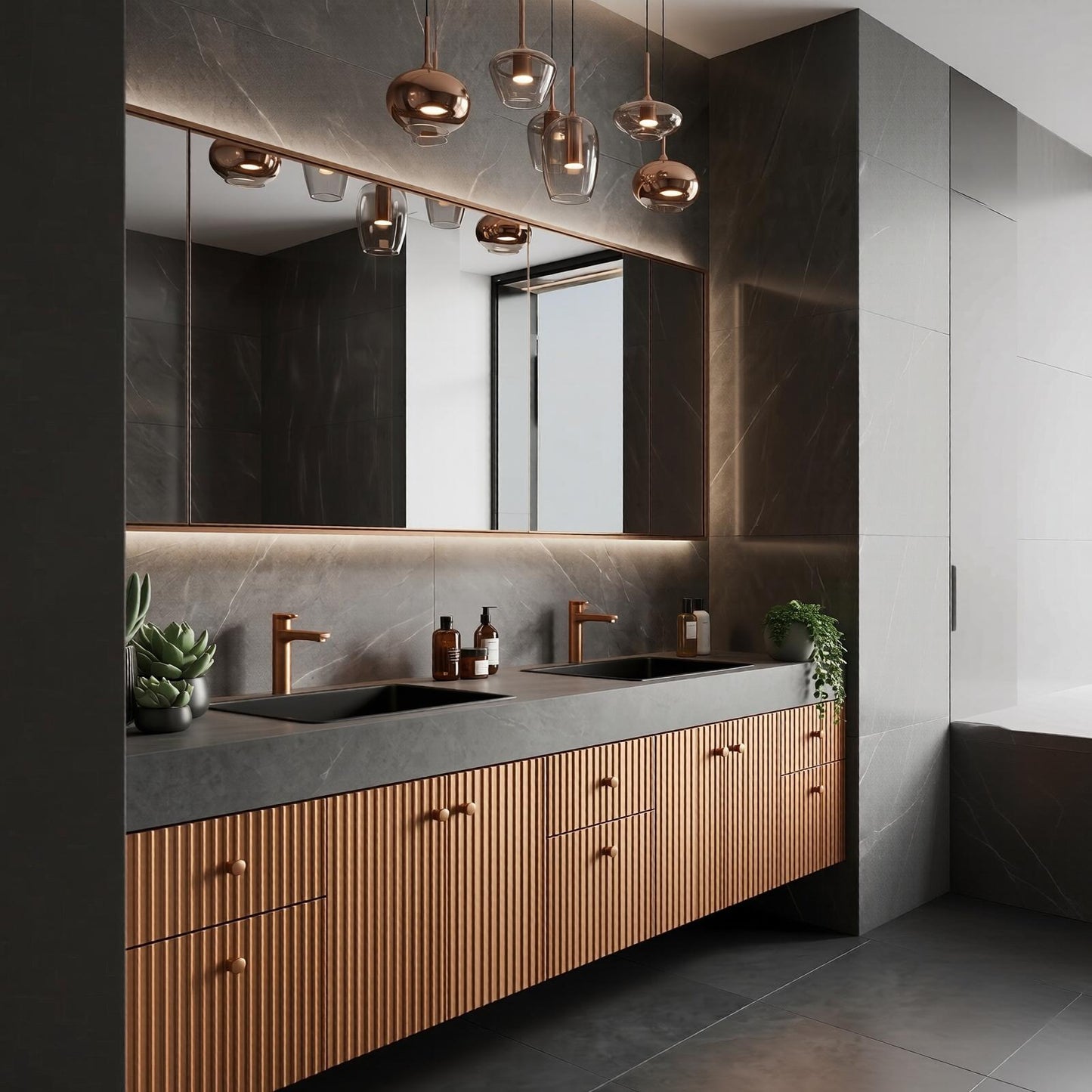 78''-96'' Floating Bathroom Vanity with Sink Double Sink Fluted Copper Finish Mirror Cabinet