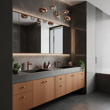 78''-96'' Floating Bathroom Vanity with Sink Double Sink Fluted Copper Finish Mirror Cabinet