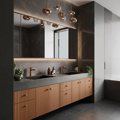 78''-96'' Floating Bathroom Vanity with Sink Double Sink Fluted Copper Finish Mirror Cabinet
