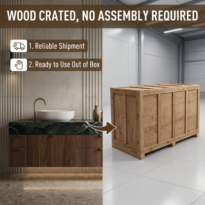 60''-96'' Double Bathroom Vanity with Sink Modern Refined Green Marble Top Slatted Wood Base