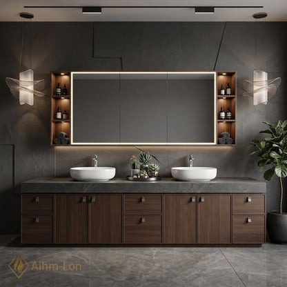 76''-96'' Modern Double Bathroom Vanity with Sink Dark Wood Stone Top Cabinet