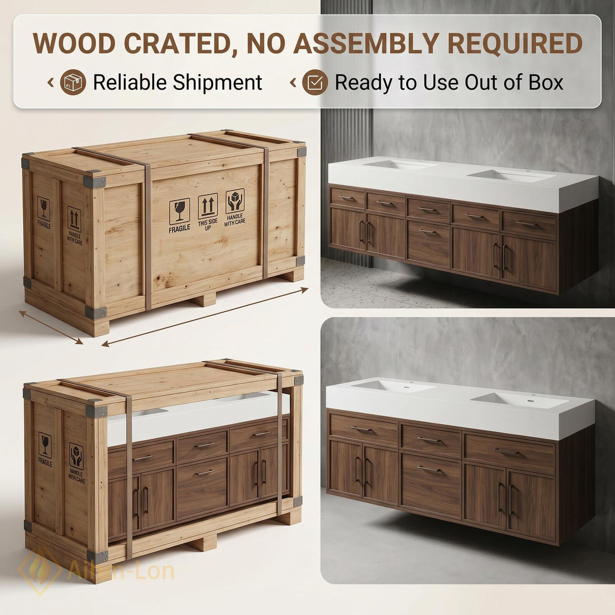 60''-96'' Double Bathroom Vanity with Sink Dark Walnut Finish Floating Modern Slatted