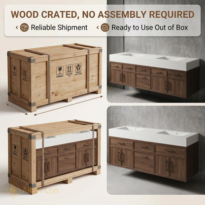 60''-96'' Double Bathroom Vanity with Sink Dark Walnut Finish Floating Modern Slatted