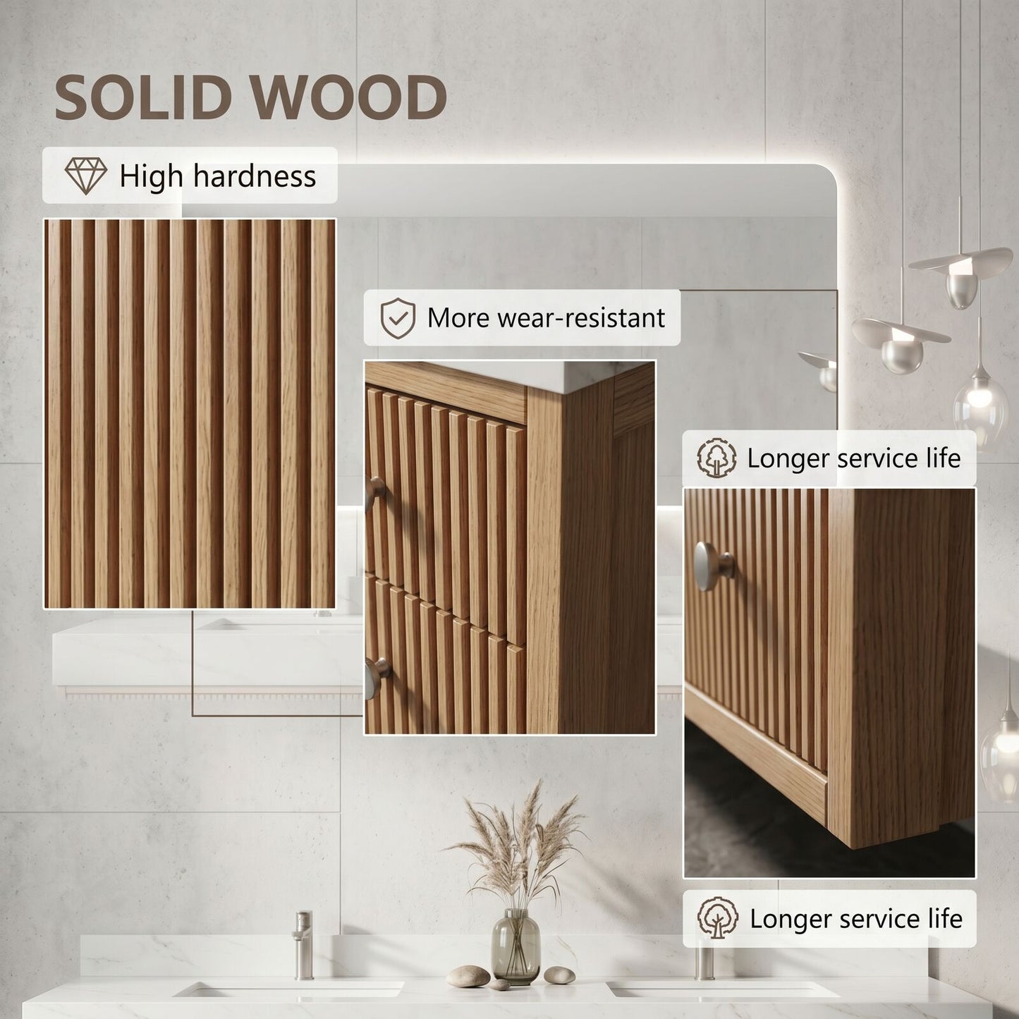 70''-96'' Modern Bathroom Vanity with Sink Vertical Slat Panels Rounded Corner Cabinet