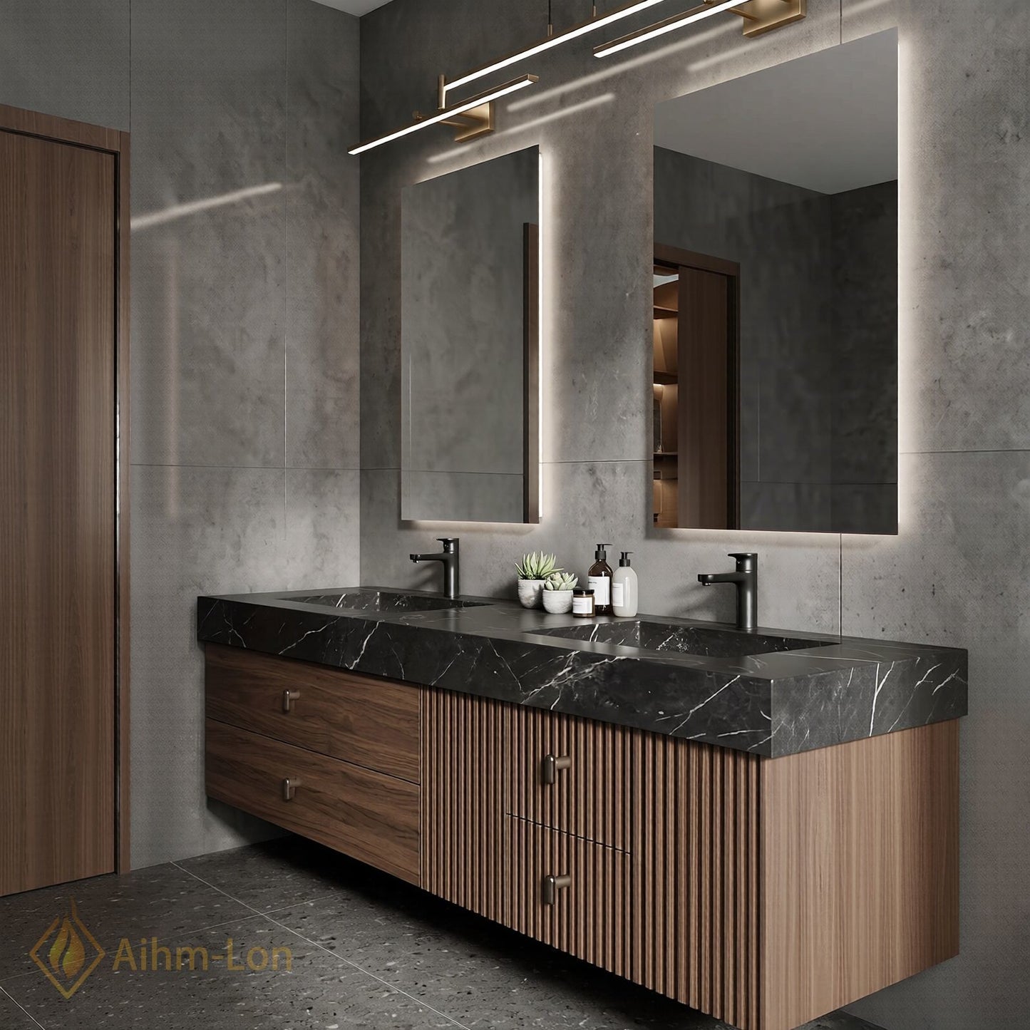 60''-96'' Double Bathroom Vanity with Sink Slat-Front Lower Cabinet Wall-Mounted Slat Dark