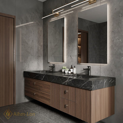 60''-96'' Double Bathroom Vanity with Sink Slat-Front Lower Cabinet Wall-Mounted Slat Dark