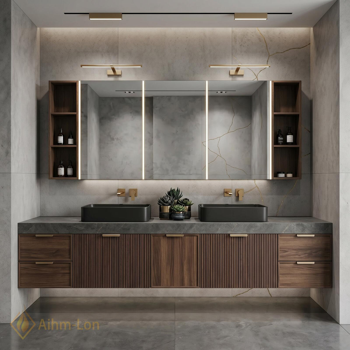 72''-96'' Bathroom Vanity with Sink Vertical Slatted Wood Grain Finish Floating Design