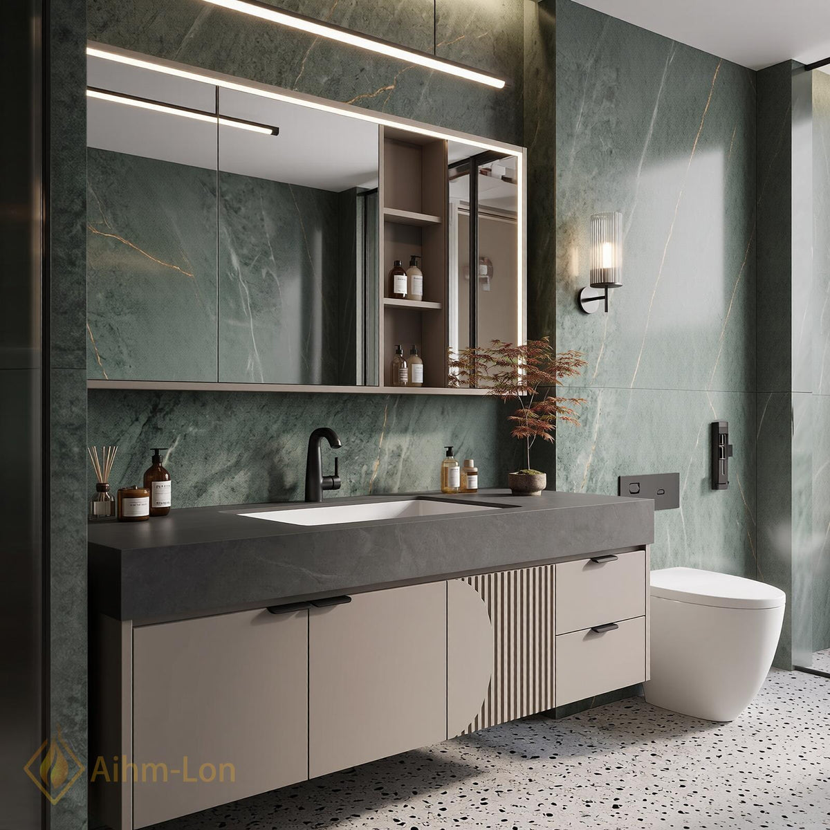 36''-110'' Double Bathroom Vanity with Sink Wall-Mounted Fluted Panel Detail