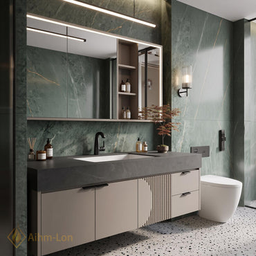 36''-110'' Double Bathroom Vanity with Sink Wall-Mounted Fluted Panel Detail